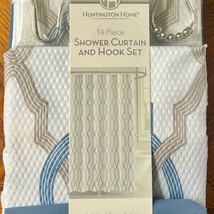 NEW Shower Curtain Set w/solid blue plastic liner, cloth curtain & 12 hooks
